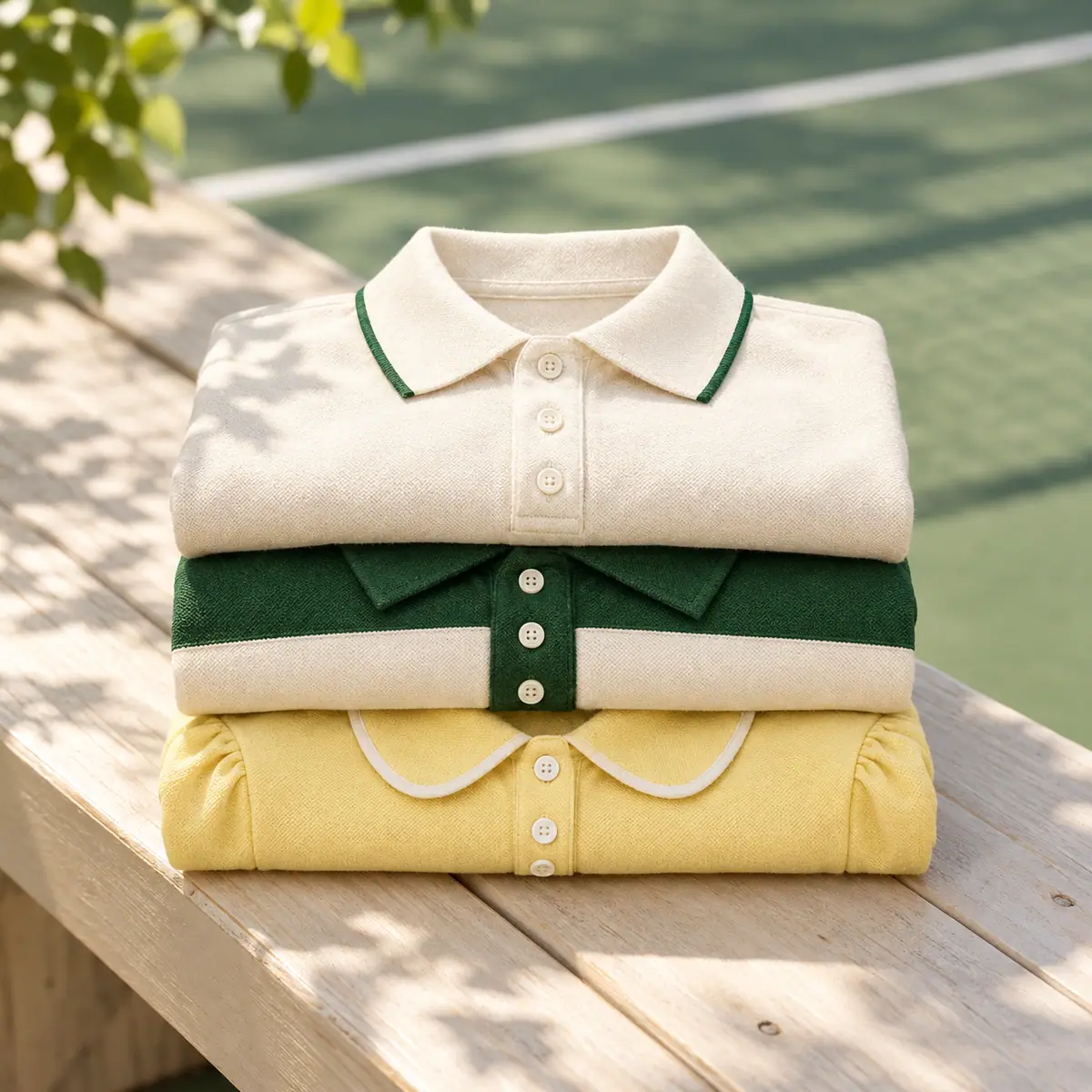 Three folded cropped polos stacked on a courtside bench