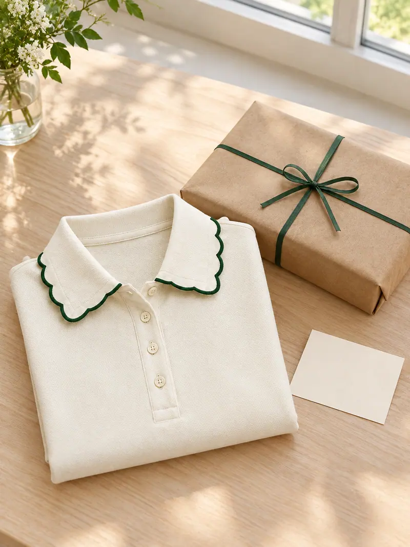 A folded chalk scalloped-collar polo beside a kraft paper parcel tied with green cotton tape