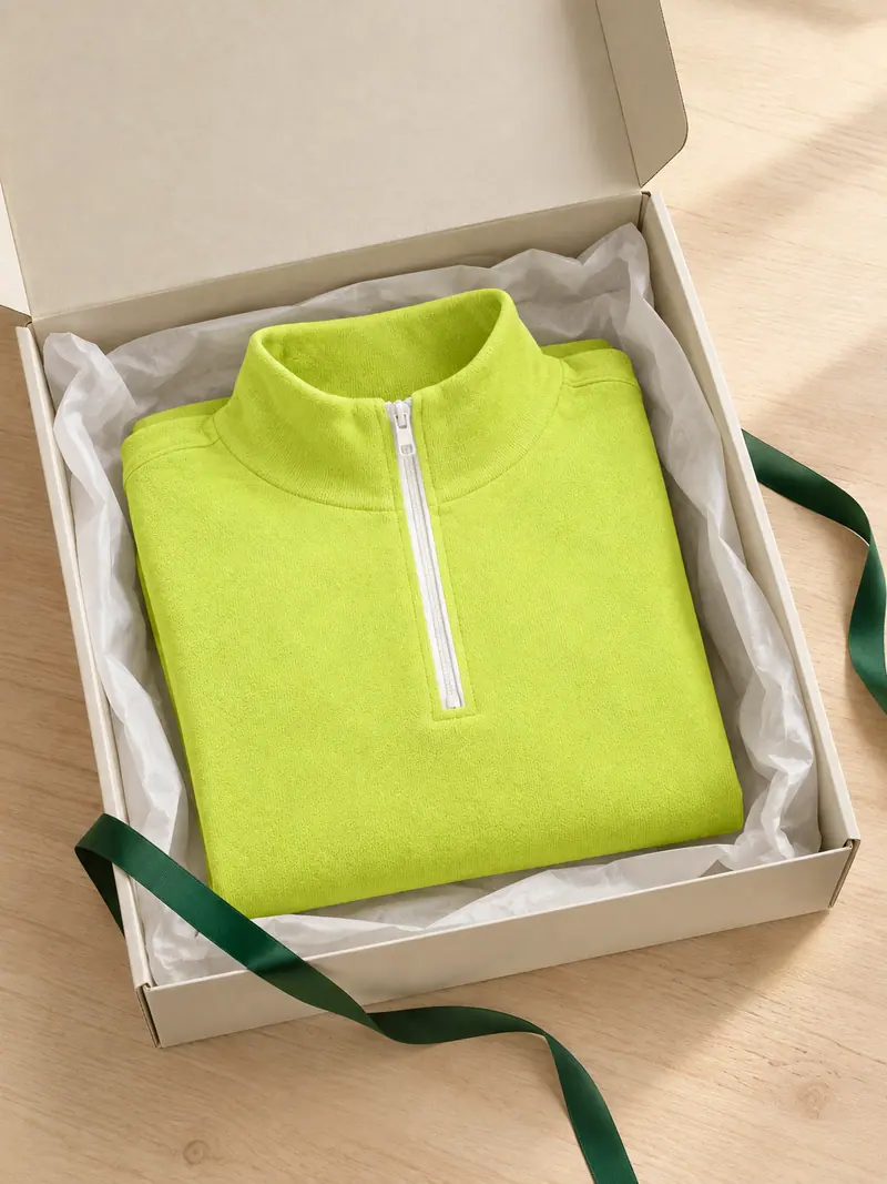 A lime half-zip pullover folded inside an open chalk mailer box with tissue paper and green ribbon