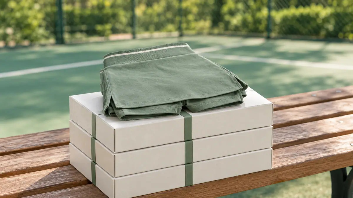 Plain chalk mailer boxes tied with green tape on a courtside bench with a folded sage skort on top