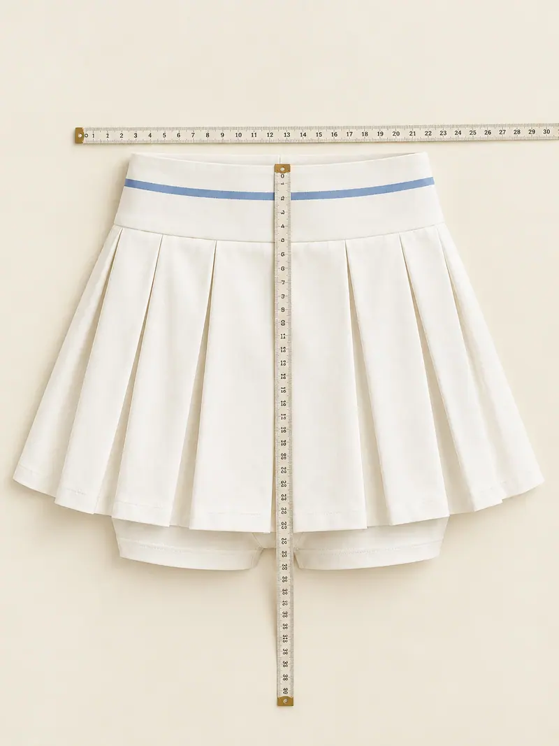 A chalk box-pleat skort laid flat with a cloth tape measure across the waistband