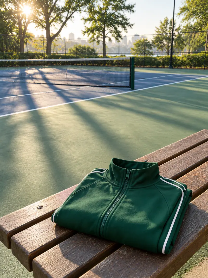 An empty park tennis court in early morning with a green cropped track jacket folded on the bench