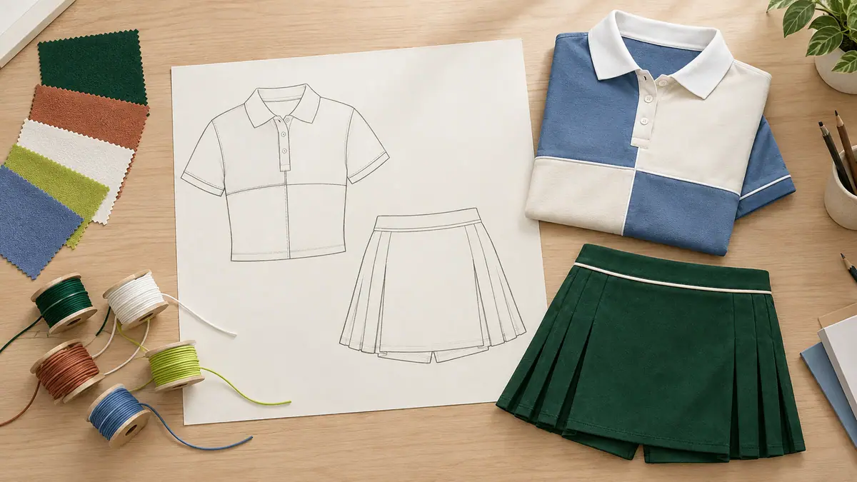 A design desk with sketches of a cropped polo and a pleated skort, fabric swatches in court green, clay, chalk and lime, and spools of piping