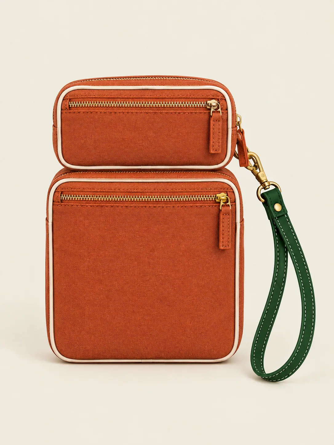 Double-Zip Box Wristlet in Clay, back and side view