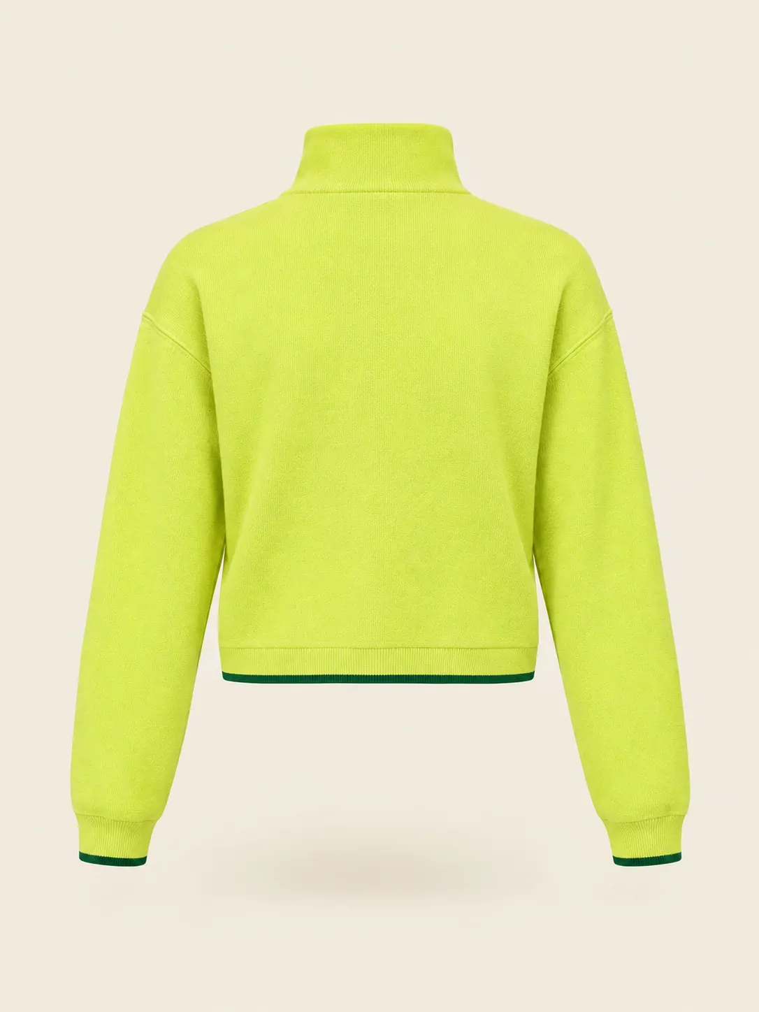 Half-Zip Funnel Pullover in Fuzz Lime, back view