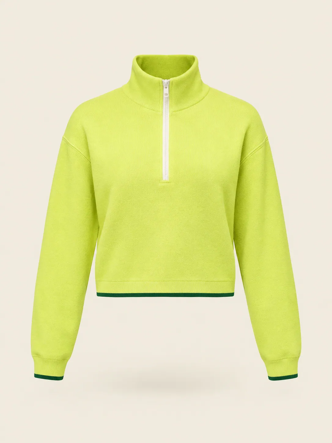 Half-Zip Funnel Pullover in Fuzz Lime, front view