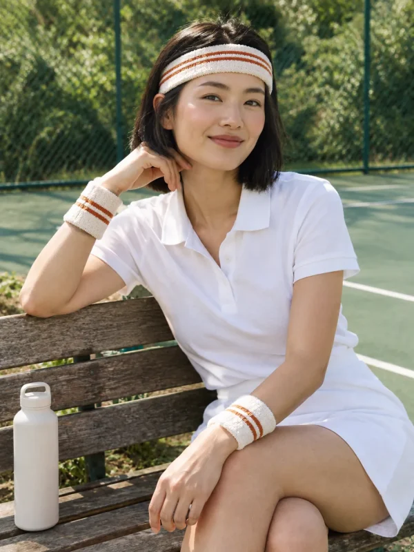 Headband & Wristband Set in Chalk, worn at a park tennis court