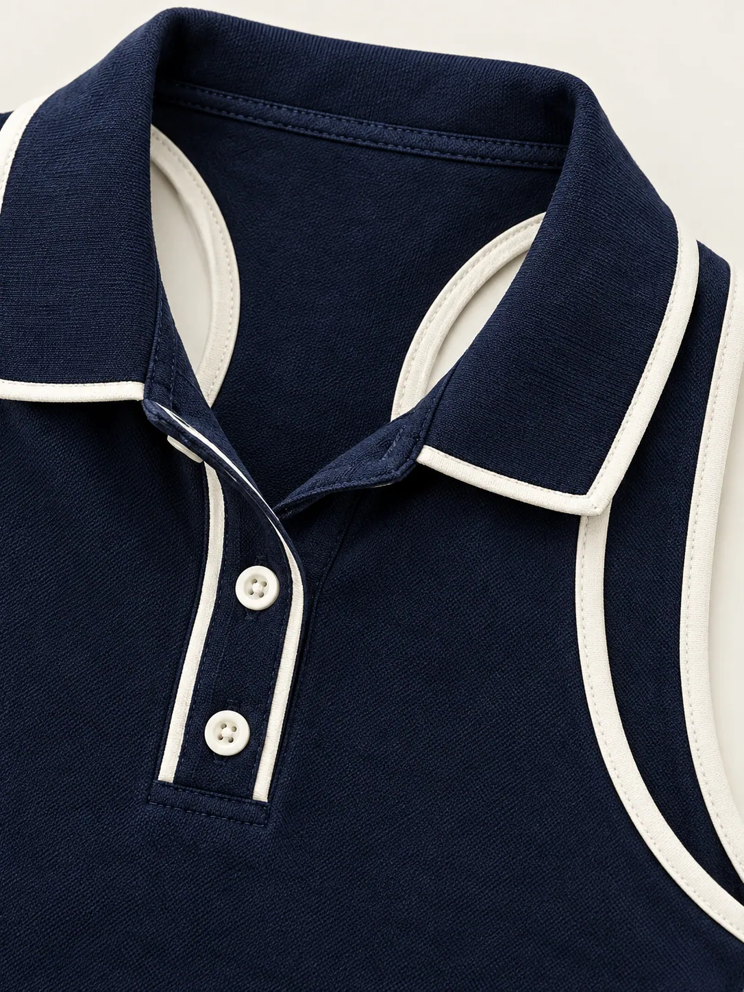 Let Polo Tank, close-up of the racerback straps and chalk piping