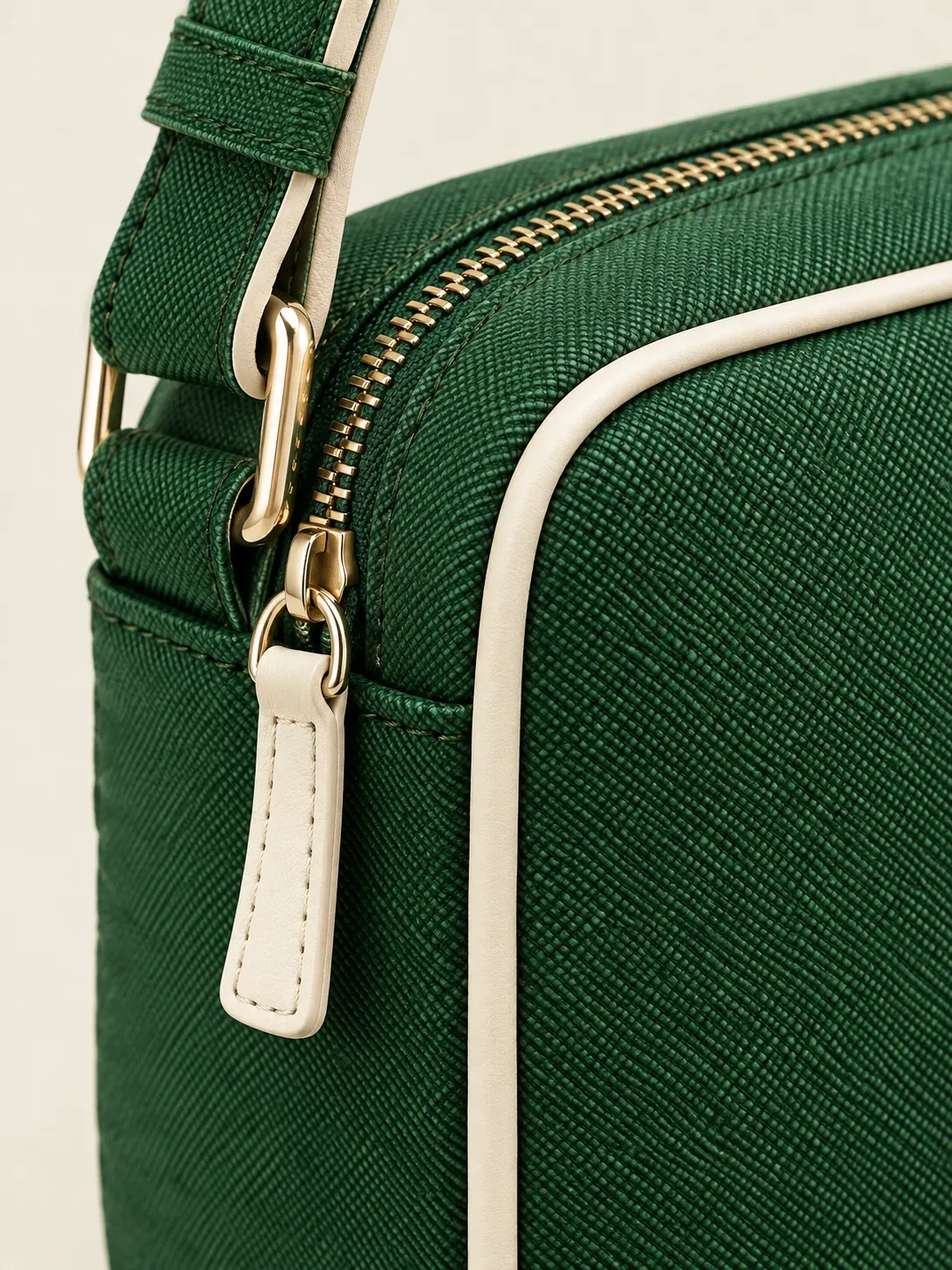 Piped Mini Shoulder Bag, close-up of the chalk piping and zip pull