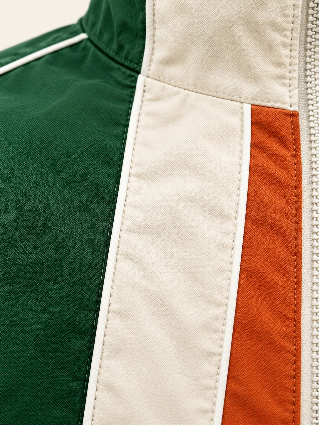 Tri-Panel Zip Layer, close-up of the piped join between the three colour panels